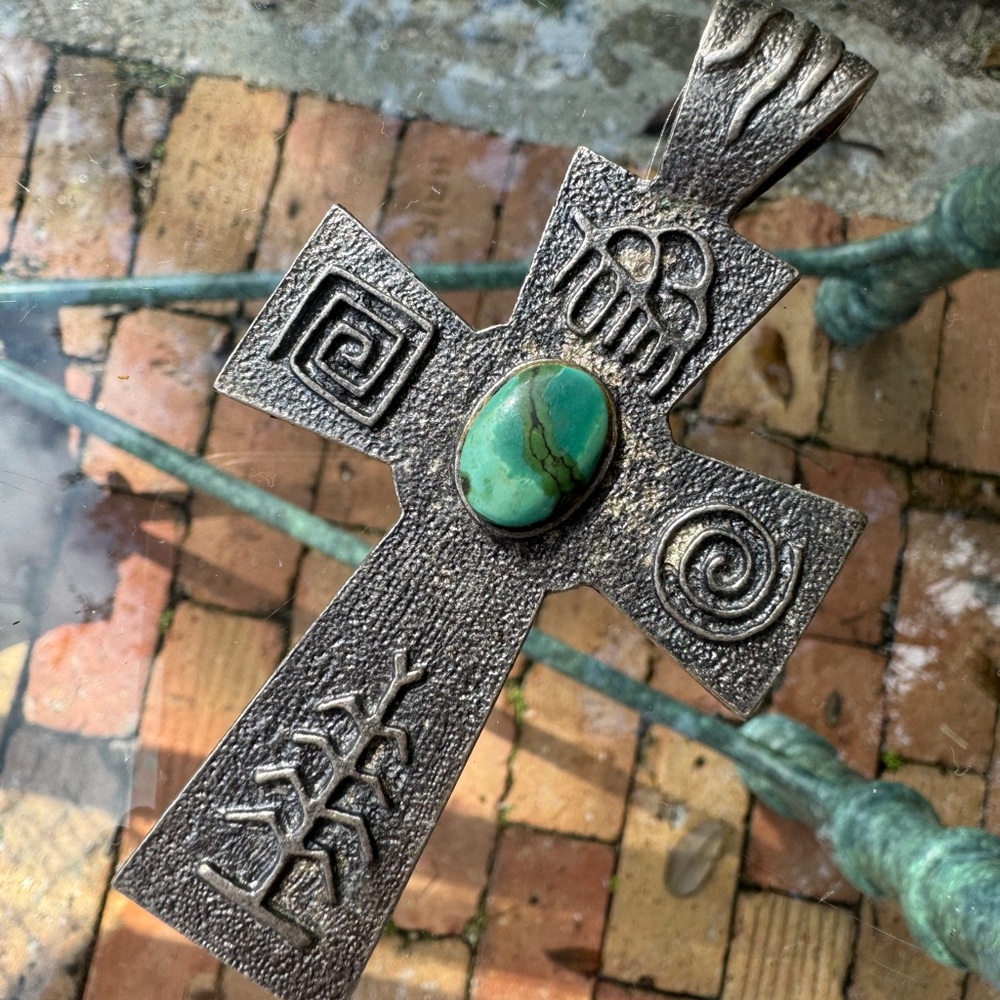 Rhodium Silver Color Cross - Turquoise (Dominican republic)